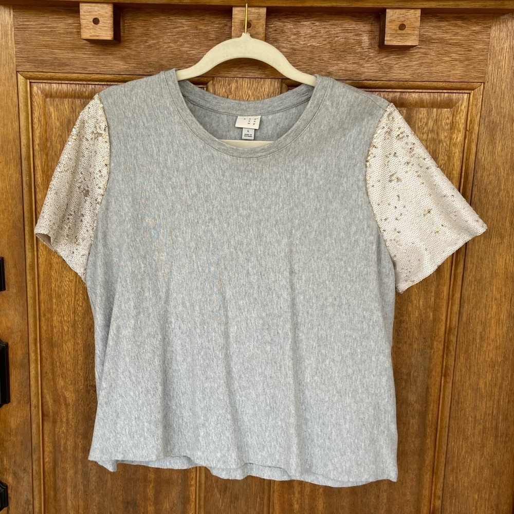 A New Day | Gray Top with Gold Sequin Sleeves